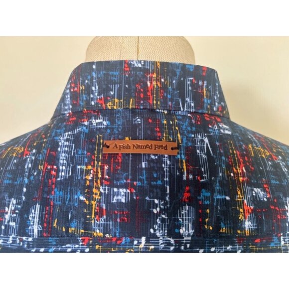 A FISH NAMED FRED Shirt Mens Large Blue Musical Print Long Sleeve Flip Cuff - Picture 8 of 10